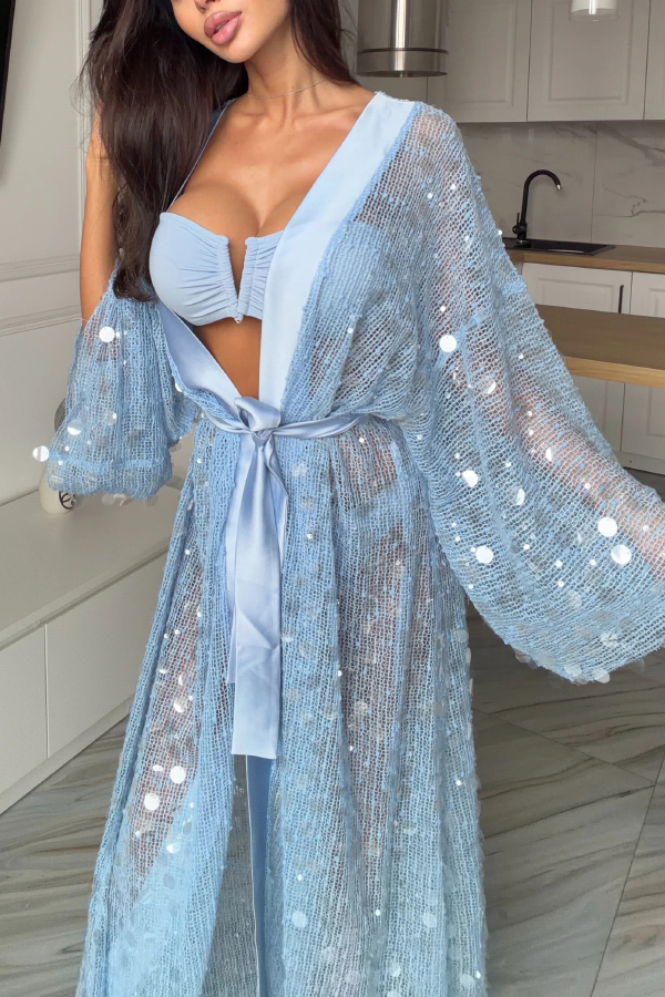 Fashionable Sequined Loose Long-sleeved Tie-front Holiday Casual Cover-up