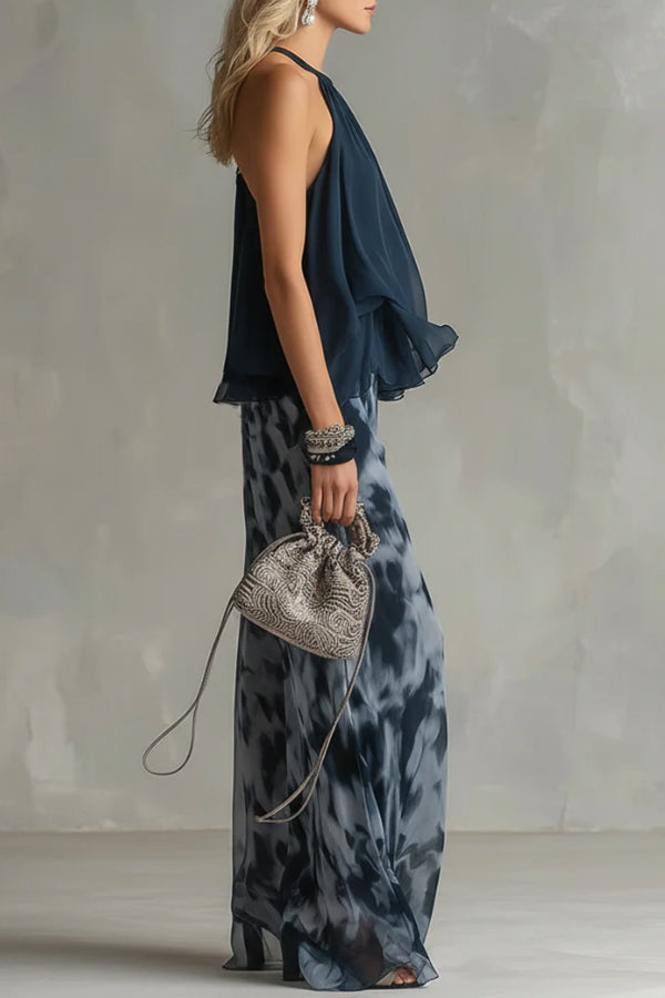 Navy Blue Camisole and Printed Wide-leg Chiffon Suit-Consonak
