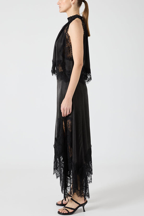 Modern Muse Satin Lace Trim Pleated Neck Top and A-line Irregular Slit Skirt Set | Consonak