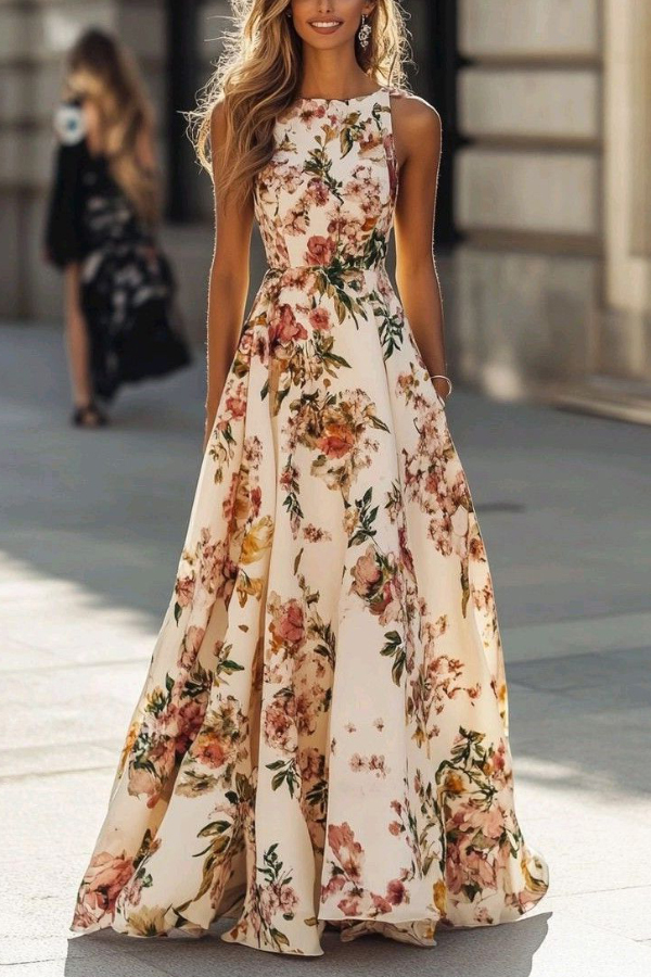 Floral Print Round Neck Sleeveless Elegant Maxi Dress-consonak