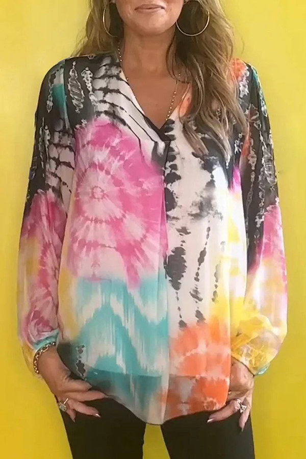 Fashionable Gradient Tie-dye V-neck Long-sleeved Casual Shirt-consonak