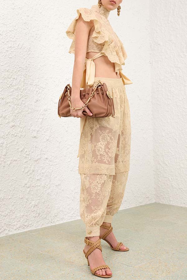 Ellie Lace Gathered Waist Pocket Button Ankle Cuffs Harem Pant-consonak