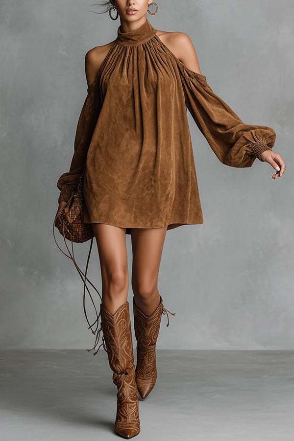 Stylish Off-shoulder Lantern-sleeved Suede Loose Mini Dress-consonak