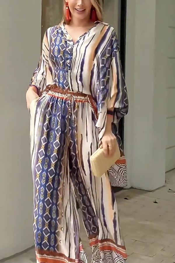 Unique Printed Long-sleeved Shirt Top and Elasticated Waist and Loose Pocket Pants Set-consonak
