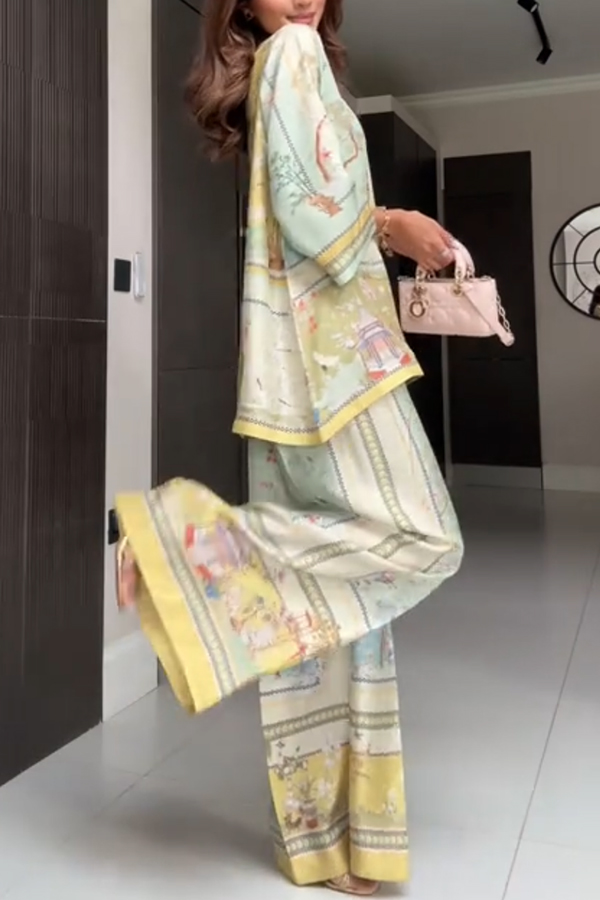 Elonie Satin Floral Print V-neck Half Sleeve Top and Elastic Waist Wide Leg Pants Set-consonak