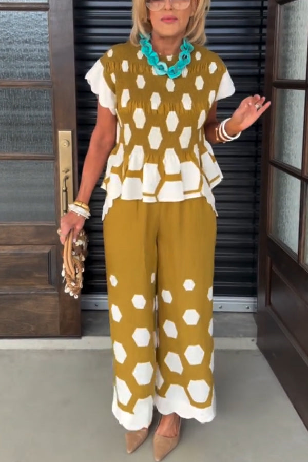 Tied To Charm Polka Dot Smocked Short Sleeve Top And Elastic Waist Pocket Loose Pants Set