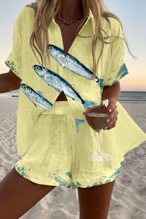 Sardine Print Loose Button Elastic Waist Shorts Set