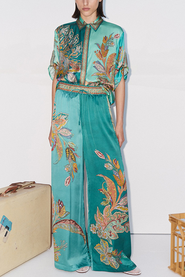 Somewhere Sunny Satin Botanical Print Elastic Waist Pocket Wide Leg Pants-consonak