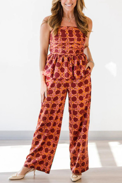 Chainlink Printed Bubble Back Pleated Slip Top and Elastic Waist Pocket Loose Pants Set-consonak