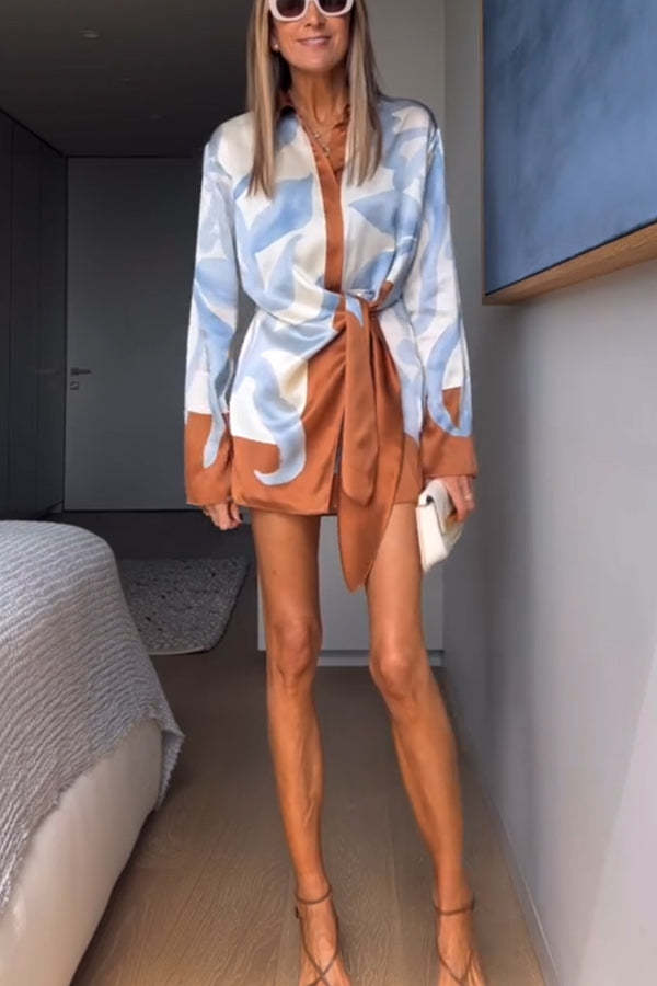 Lake Days Satin Colorblock Unique Print Tie-up Shirt Mini Dress-consonak