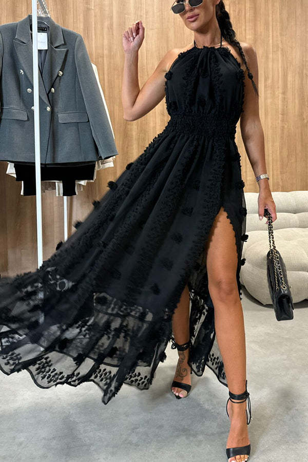 Gloria Embroidery Flowers Elastic Waist Halter Backless Slit Maxi Dress-consonak