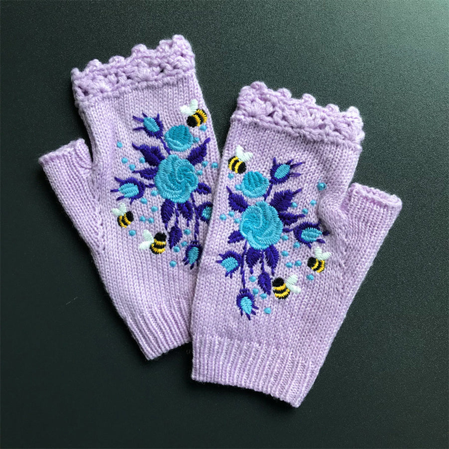 Hand Embroidered Gloves Women's Knitted Gloves Flower Gloves | Consonak