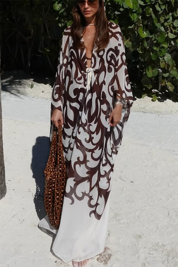 Summer Day Unique Print Rope Knotted Batwing Sleeve Oversized Cover-up Dress
