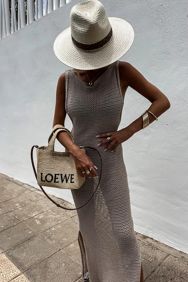 Solid Color Knitted Cutout Slit Slim Fit Maxi Dress-consonak