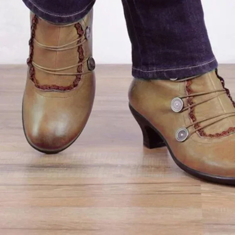 Retro Lace Round Buckle Low Heel Martin Boots-consonak