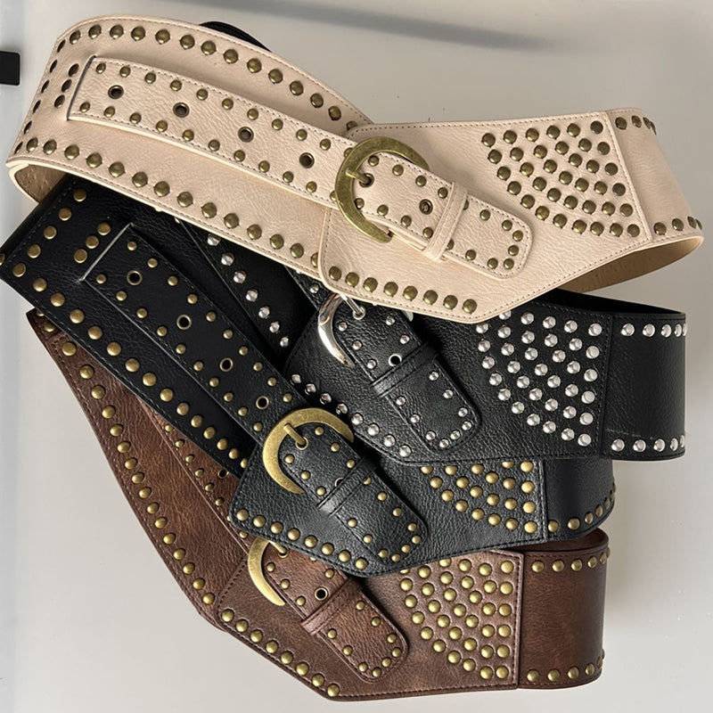 Vintage Faux Leather Rivet Pin Buckle Wide Belt-consonak