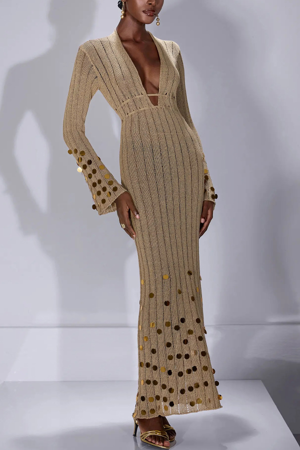 Stylish V-neck Flared Long-sleeved Knit Sequined Maxi Dress-consonak