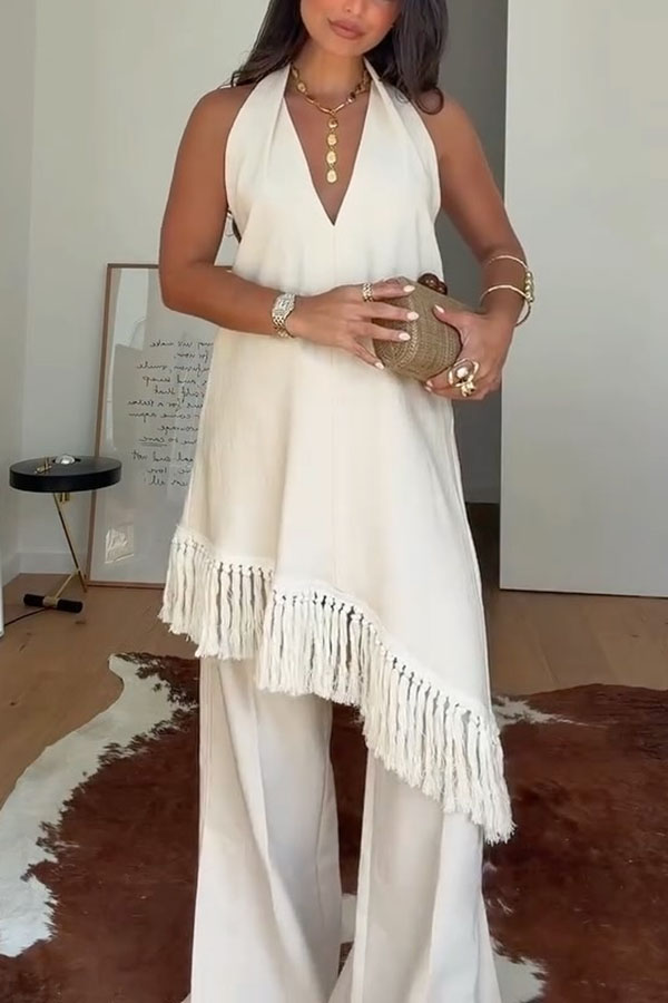 Kortnie Linen Blend Tassel Hem Halter A-line Top and High Rise Pocket Wide Leg Slit Pants Set-consonak