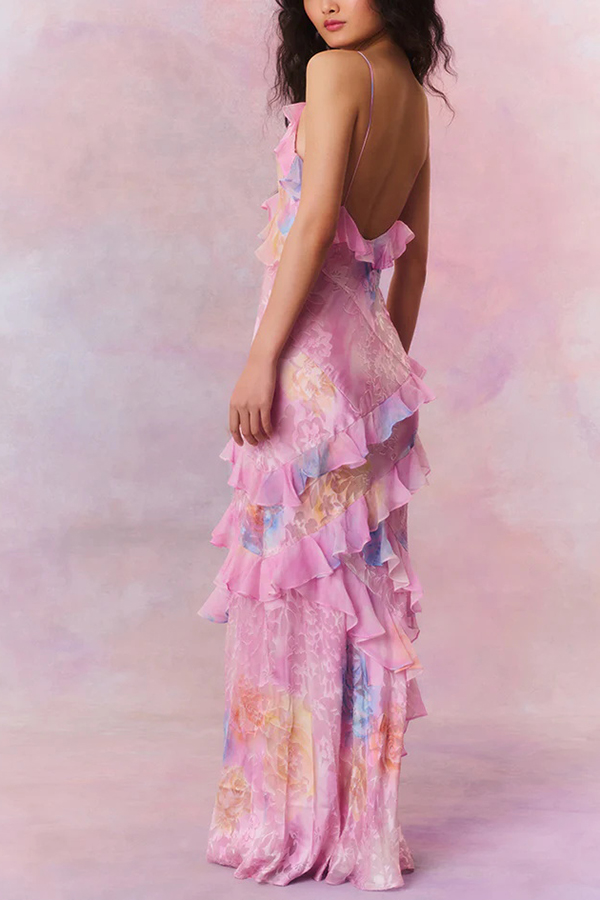 Multicolor Tie-dye Sexy Backless Wave-hem Strap Maxi Dress-consonak