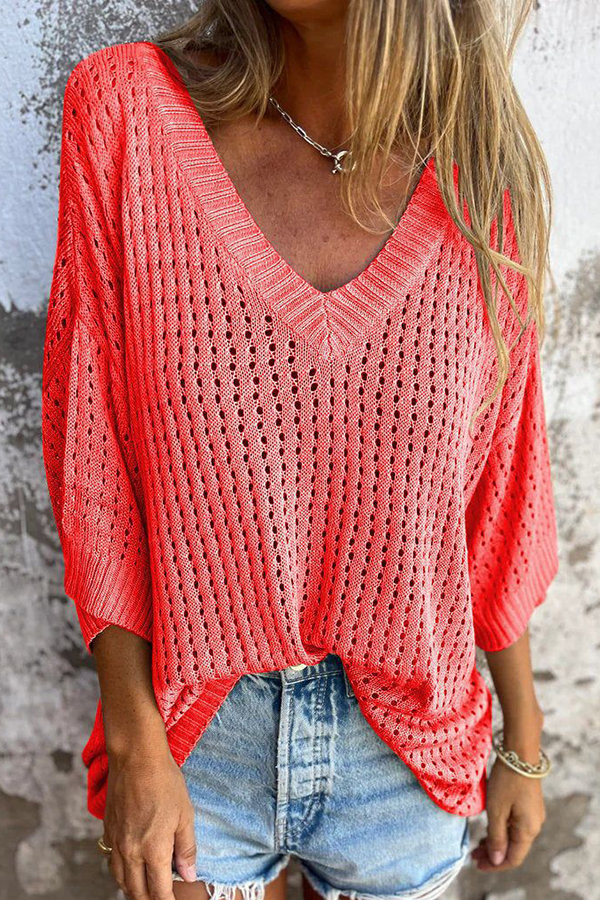 Fashionable Hollow V-neck Long-sleeved Casual Loose Knitted Top-consonak