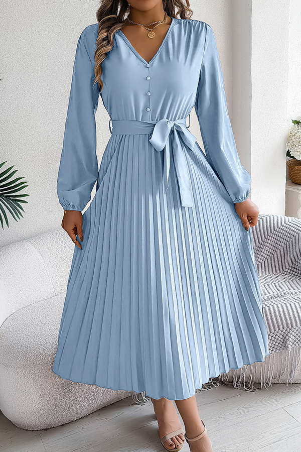 Solid Color Elegant V-neck Buttoned Lace-up Pleated Maxi Dress-consonak