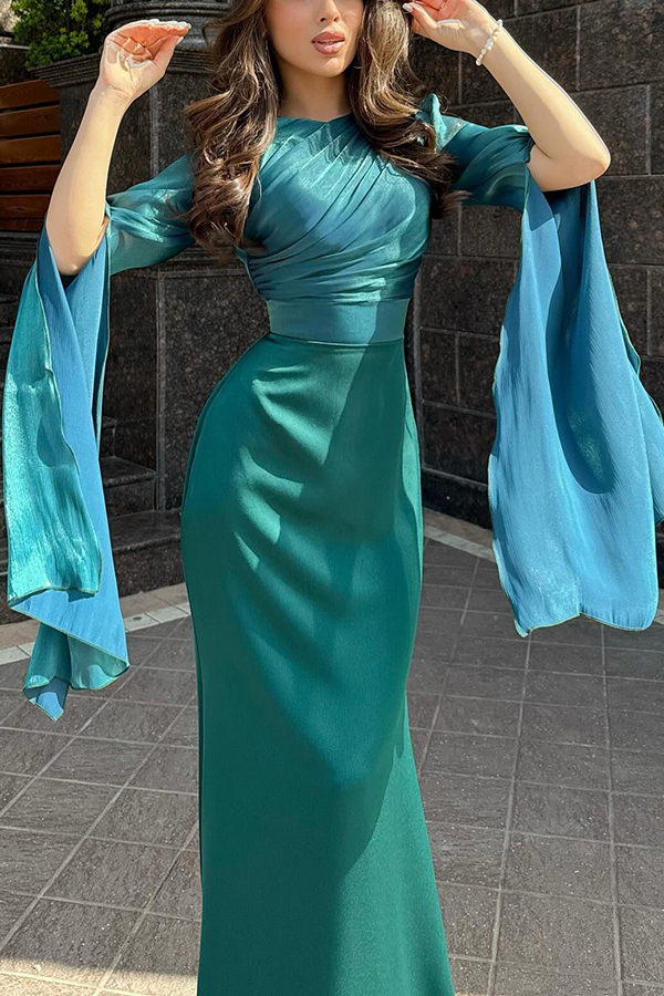 Liora Ruched Organza and Satin Patchwork Design Long Bell Slit Sleeve Maxi Dress-consonak