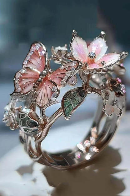 Colorful Butterfly and Flower Decoration Open Ring-consonak