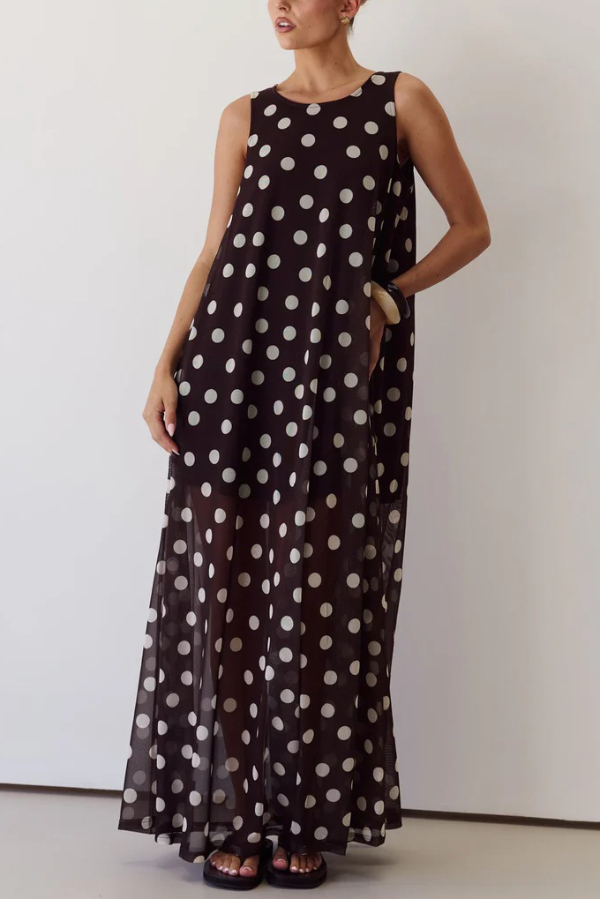 Polka Dot Print Loose Round Neck Sleeveless Mesh Casual Maxi Dress | Consonak