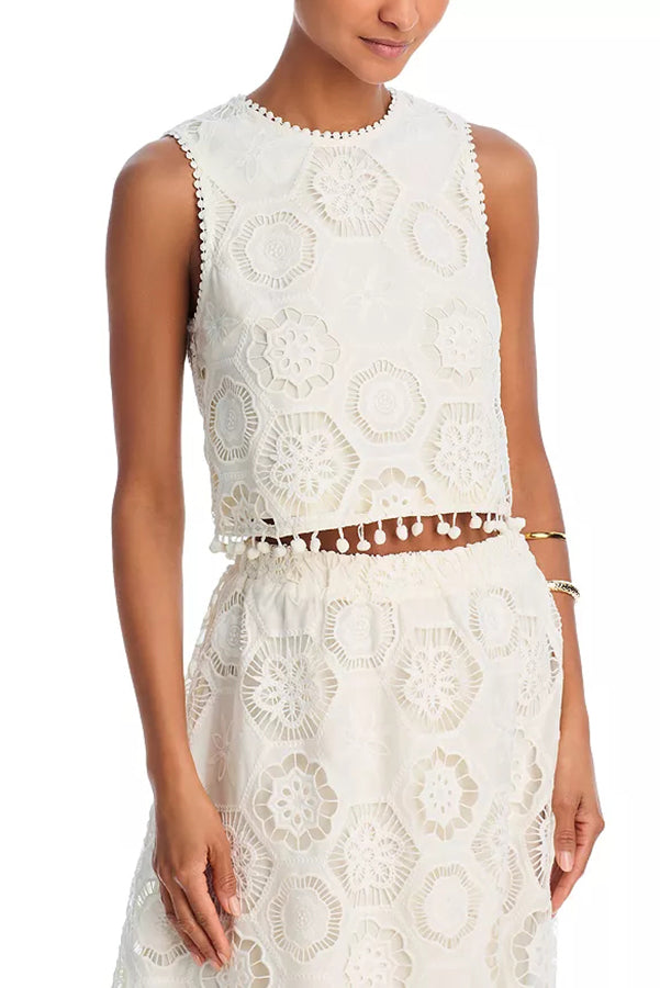 Nice Try Embroidered Crochet Lace Tassle Trim Crop Tank Top | Consonak