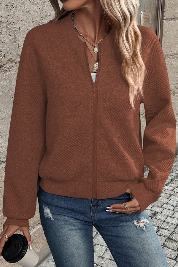 Solid Color Zippered Round Neck Long Sleeve Casual Jacket-consonak