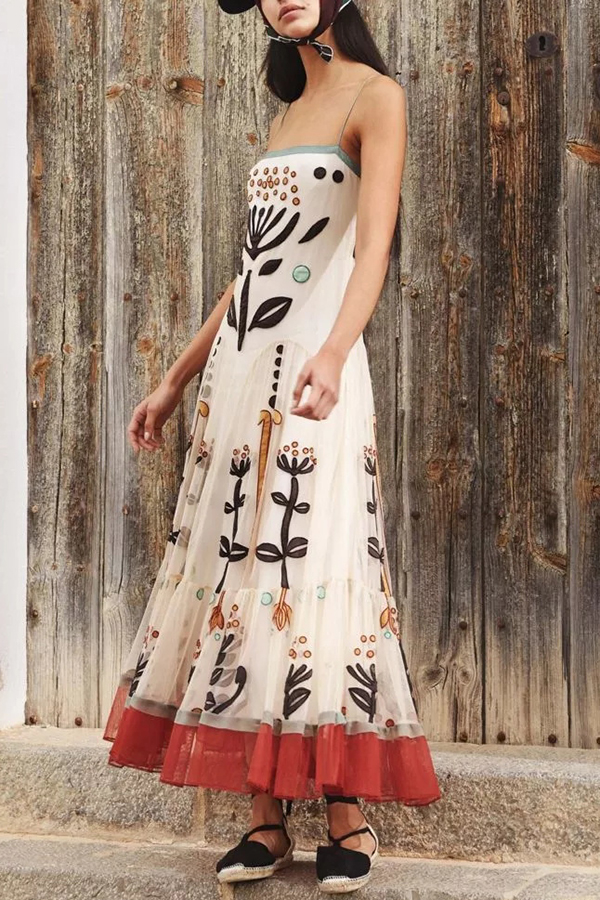 Botanical Print Chiffon Sling Backless Resort Maxi Dress-consonak