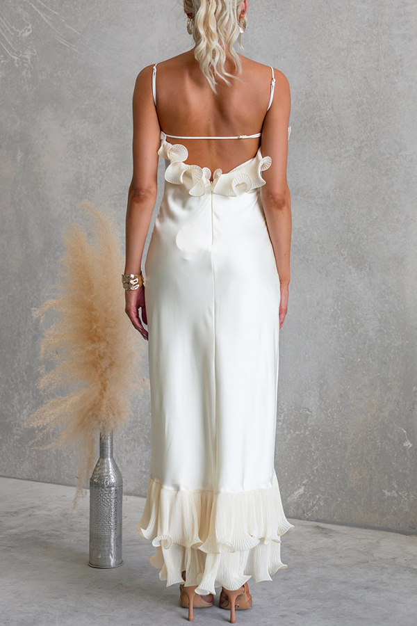 Bella Satin Pleated Chiffon Ruffle Details Slip Maxi Dress