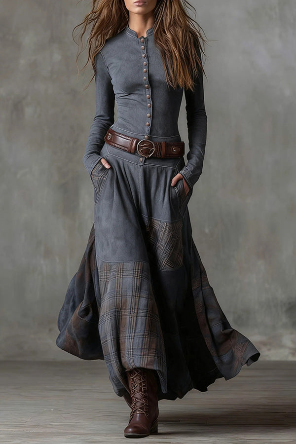 Retro-style Patchwork Single-breasted Long-sleeved Casual Pocket Maxi Dress | Consonak