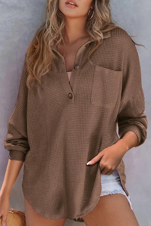 Solid Color Waffle Loose Casual Knitted Pocket Top-consonak