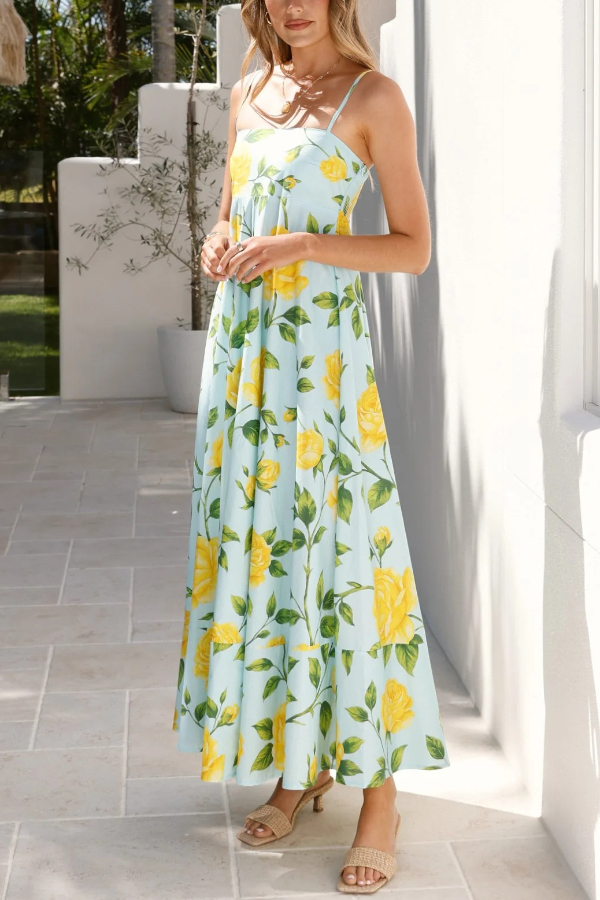 Floral Print Square Neck Sleeveless Casual Vacation Maxi Dress-consonak