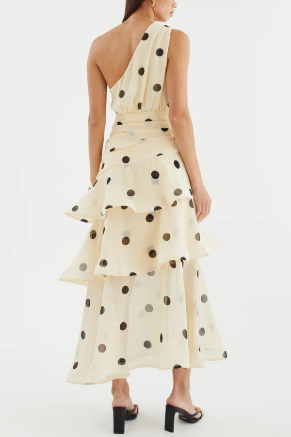 Fashionable Polka Dot Print One-shoulder Sleeveless Layered Mesh Maxi Dress | Consonak