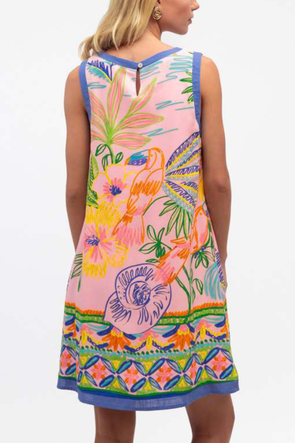 Summer Unique Print Loose Round Neck Sleeveless Casual Pocket Mini Dress