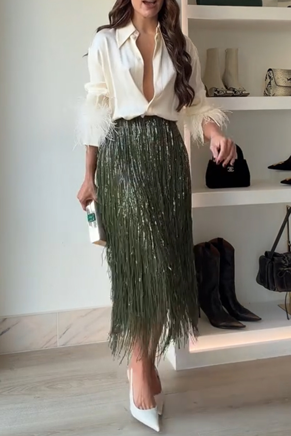 Party Crasher Layered Sequined Tassels High Rise Back Zipper Midi Skirt | Consonak