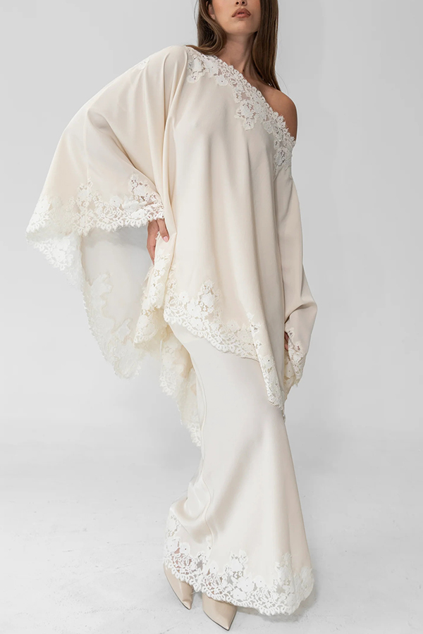 Like A Swan Satin Lace Trim High Rise Elastic Waist Drape Maxi Skirt | Consonak