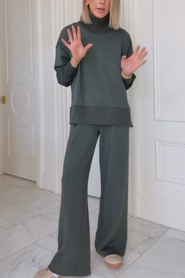 Barker High-Neck Long Sleeve Side Zipper Sweatshirt and Elastic Waist Pocketed Loose Pants Set-Consonak