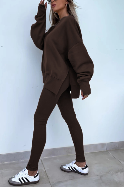 Solid Color Loose Long Sleeve SlitSweatshirt and Elastic Waist Tight Pants Set-consonak