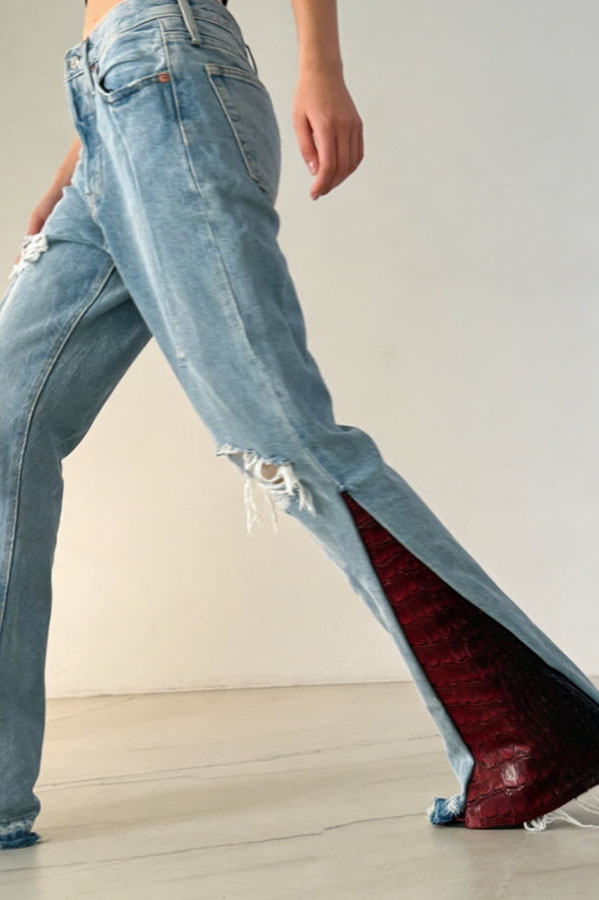 Stylish Attitude Denim Mid Rise Distressed Red Croc Hem Pocket Flare Jeans