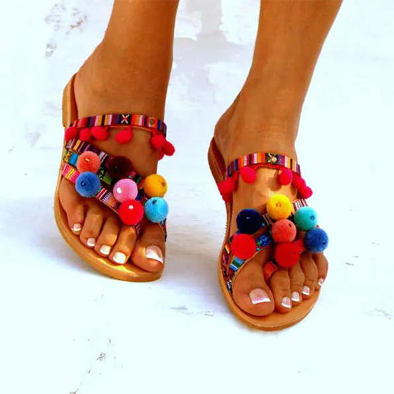 Colorful Fur Ball Ethnic Tribal Wind Beach Dress Slippers-consonak