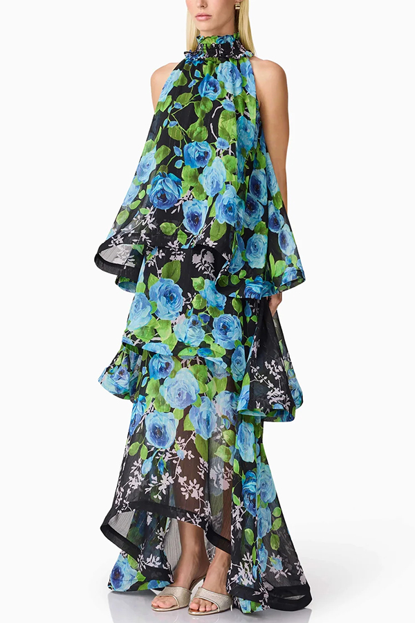 Briony Georgette Fabric Floral Print Pleated High Neck Tiered A-line Maxi Dress