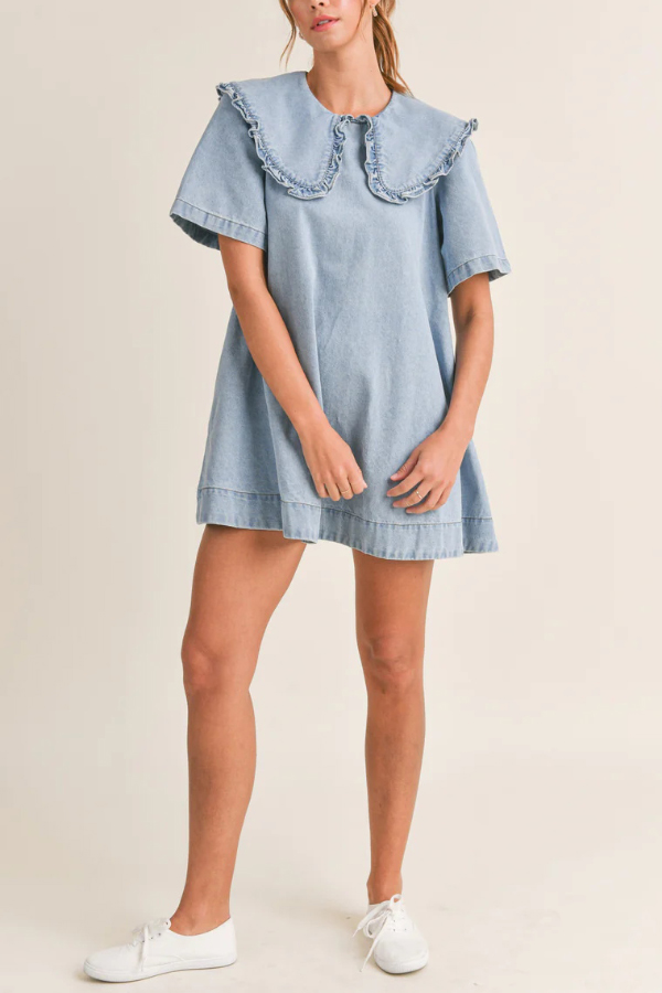 Solid Color Loose Short-sleeved Casual Ruffled Denim Mini Dress | Consonak