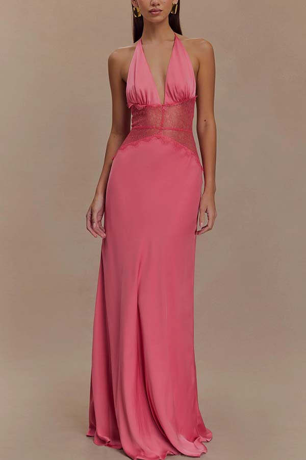 Seductive Details Satin Lace Waist Halter Tie-up Backless Maxi Dress-consonak