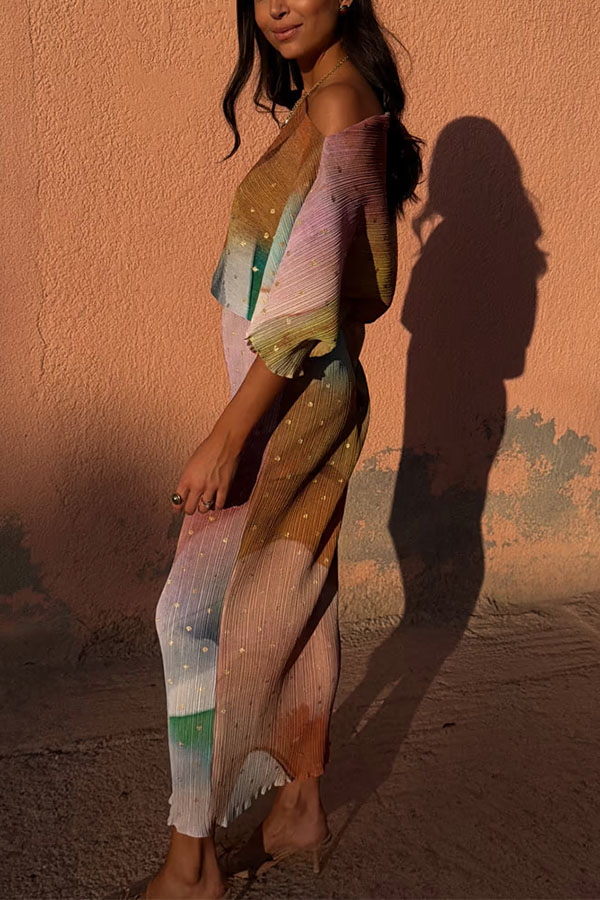 Rudi Pleated Metallic Fleck Print Wide Neck Elastic Waist Midi Dress-consonak