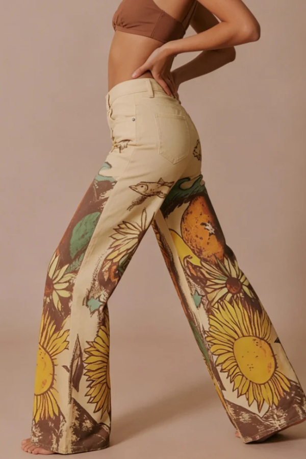 We The Free Denim Playful Doodle Printed Mid Rise Pocket Wide Leg Jeans | Consonak