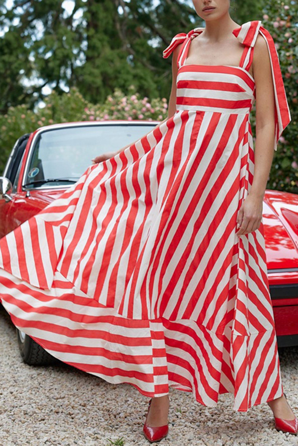 Treasured Times Stripe Print Tie-up Shoulder Pocketed A-line Maxi Dress-consonak