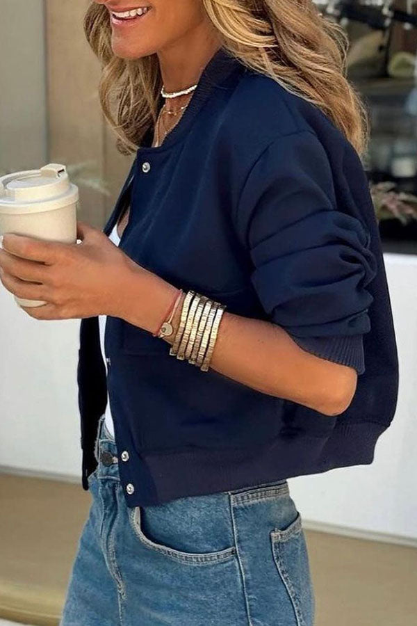 Cup of Cozy Round Neck Buttoned Long Sleeve Short Pocket Jacket-consonak